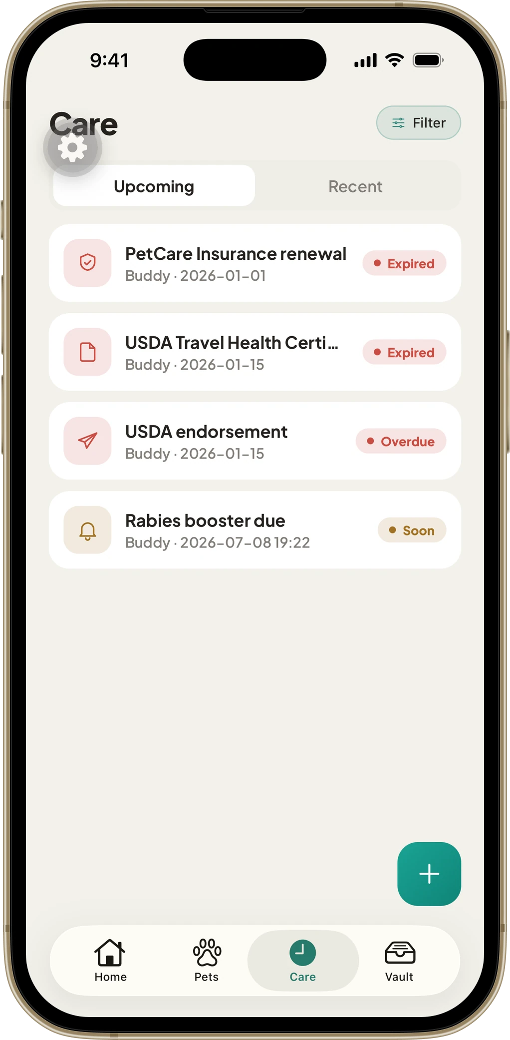 PetVault care timeline with upcoming and overdue items