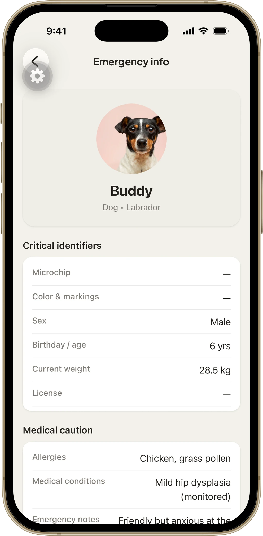 PetVault emergency information screen