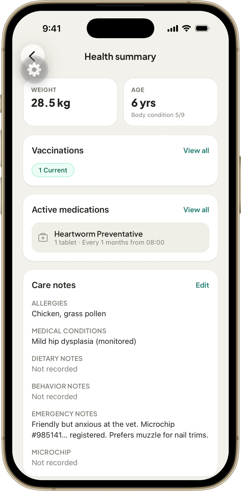 PetVault health summary for a pet