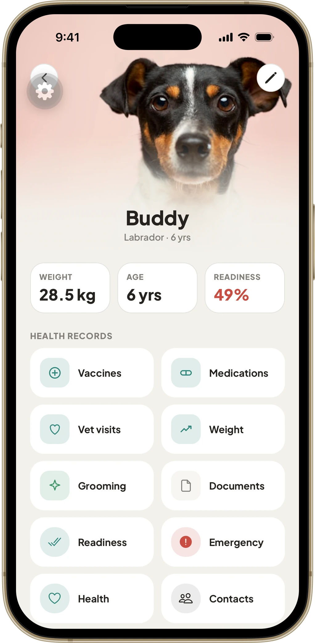A PetVault pet profile showing weight, age and health records