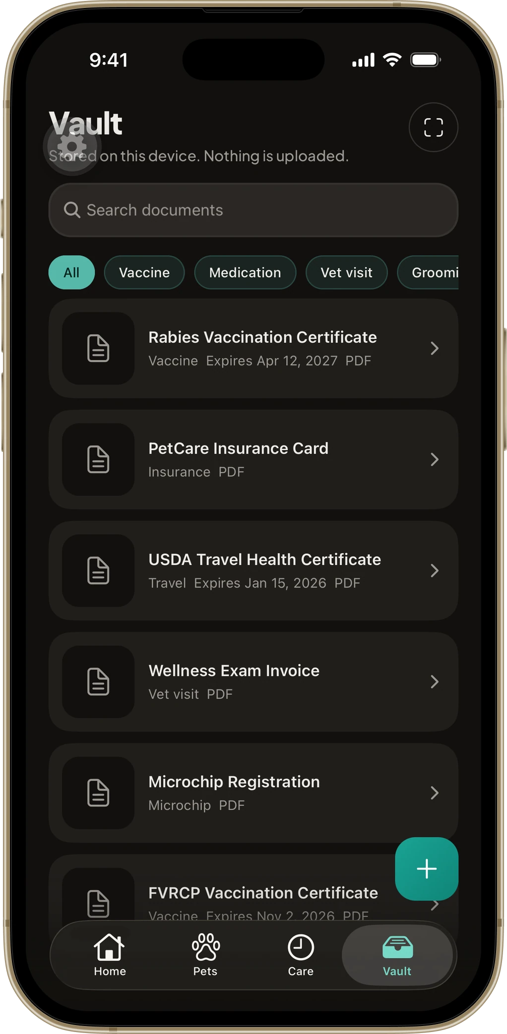 PetVault document vault listing certificates and forms